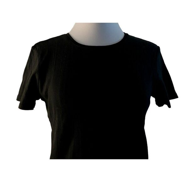 Ann Taylor Classic Black Tee Top Short Sleees Pullover Cotton Mini Rib Sz S NEW - Picture 2 of 4